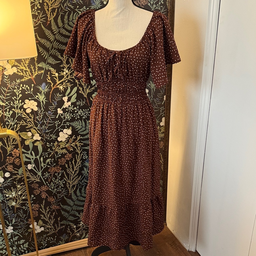 Brown Polka Dot Peasant Dress